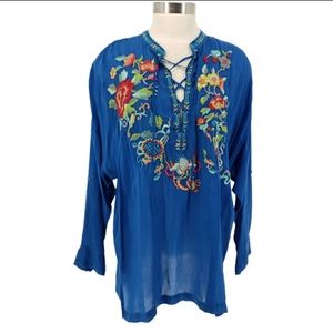 Johnny Was Top Blue Floral Embroidered Long Sleeve Oversized Boho Shirt